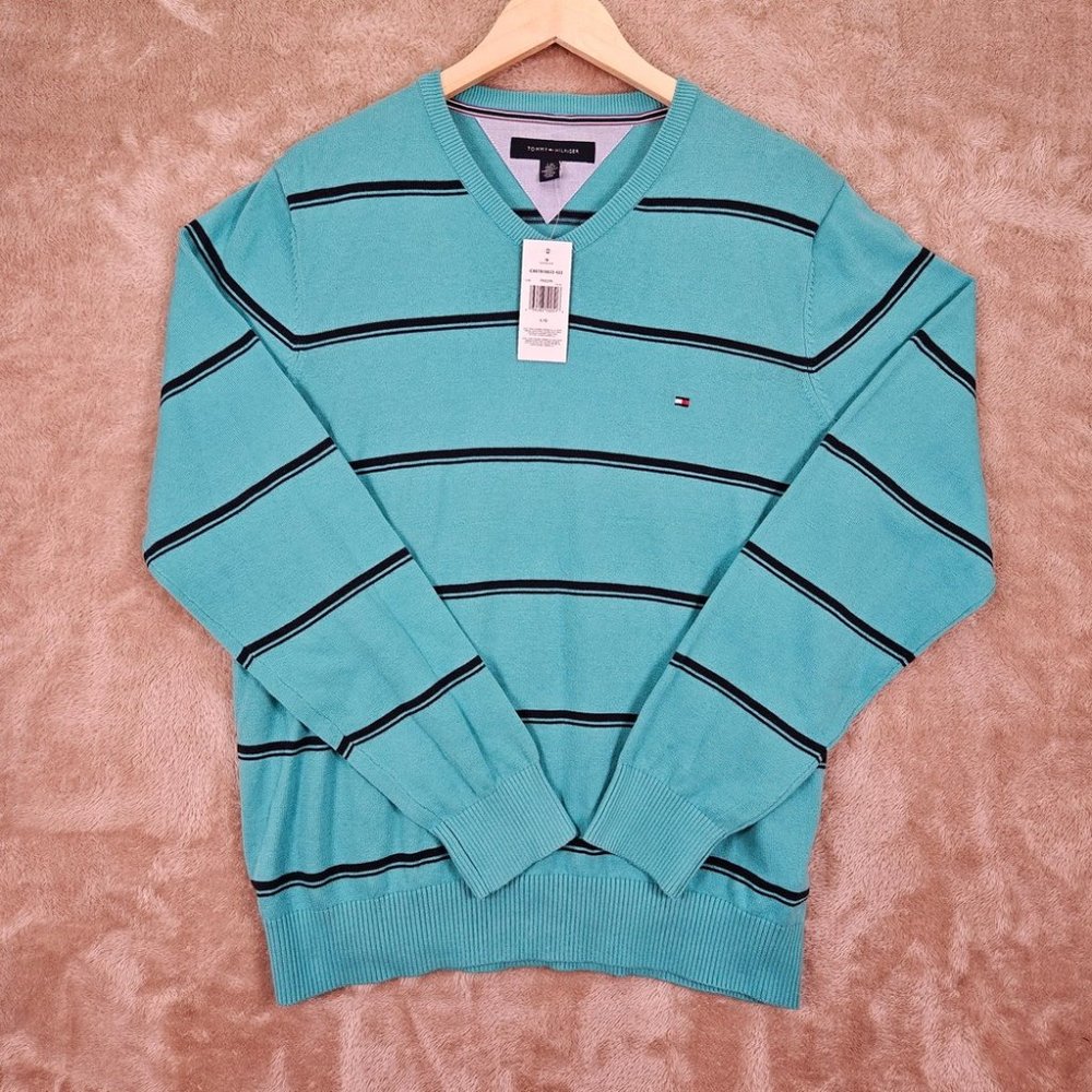 NWT Tommy Hilfiger Golf Style Sweater V-Neck Blue Black Stripes Men's Size L - Picture 1 of 10